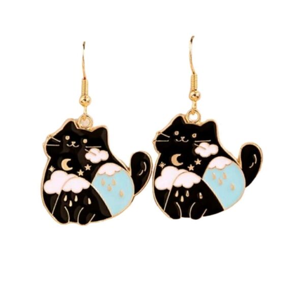 Black Cat Cartoon Kitty Moon Design Dangling Hook Earrings - Picture 1 of 4